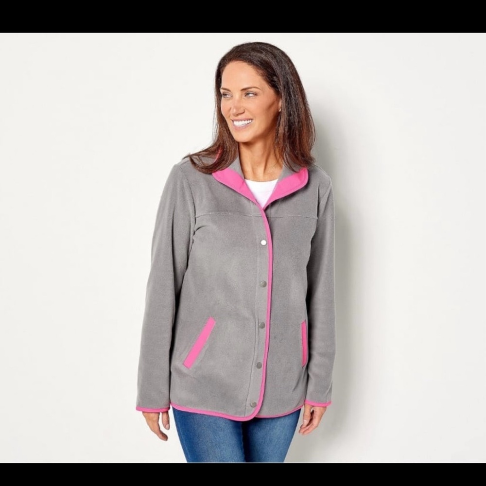 Susan Graver women’s Polar Fleece Jacket w/ Contrast Trim gray / pink Large